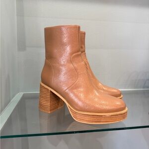 Oasis Society Tan Leather Platform Ankle Boots Chunky Heel Size 8
